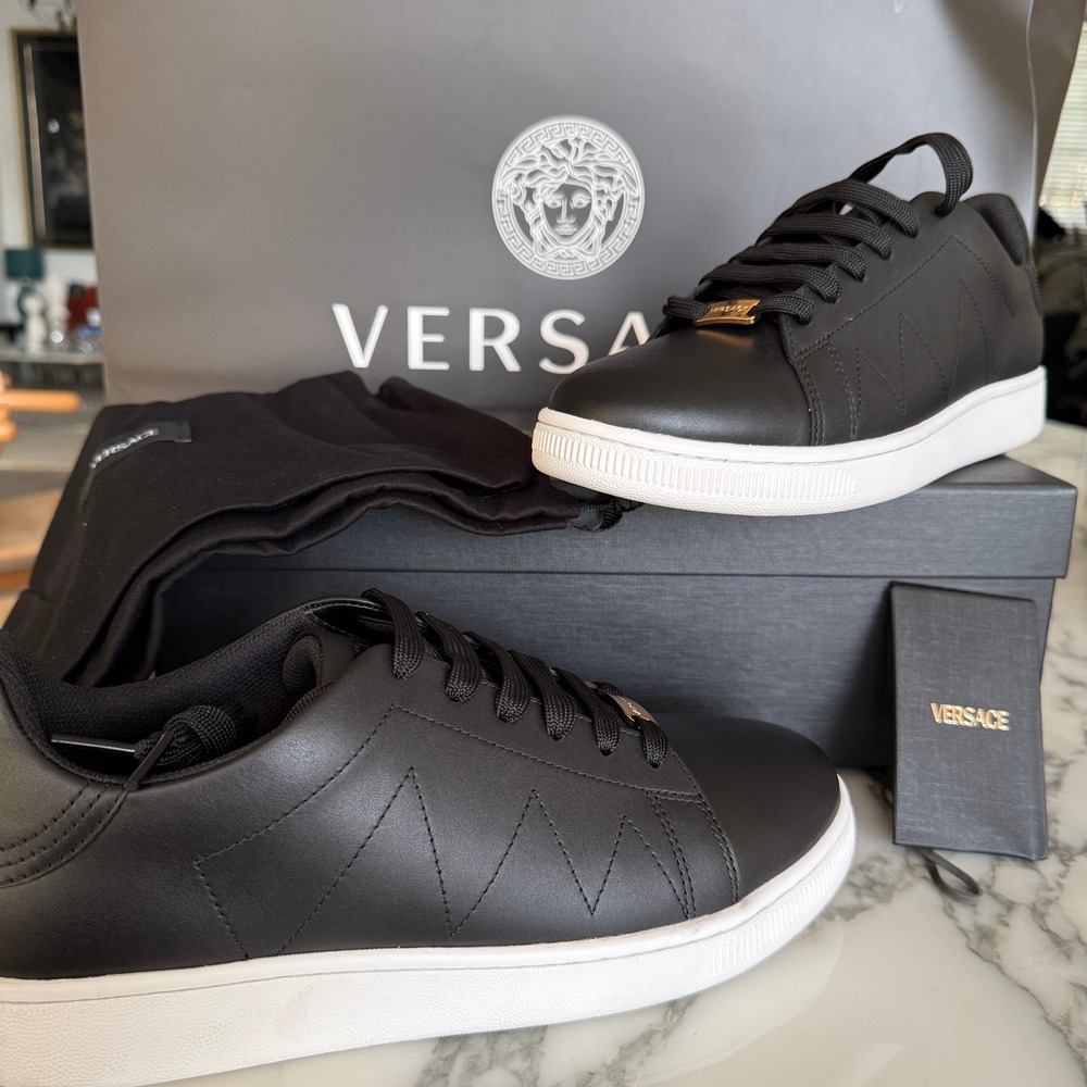 Versace Mens 1016936 Black Leather Medusa Head Low Top Sneakers Trainers EU 39.5
